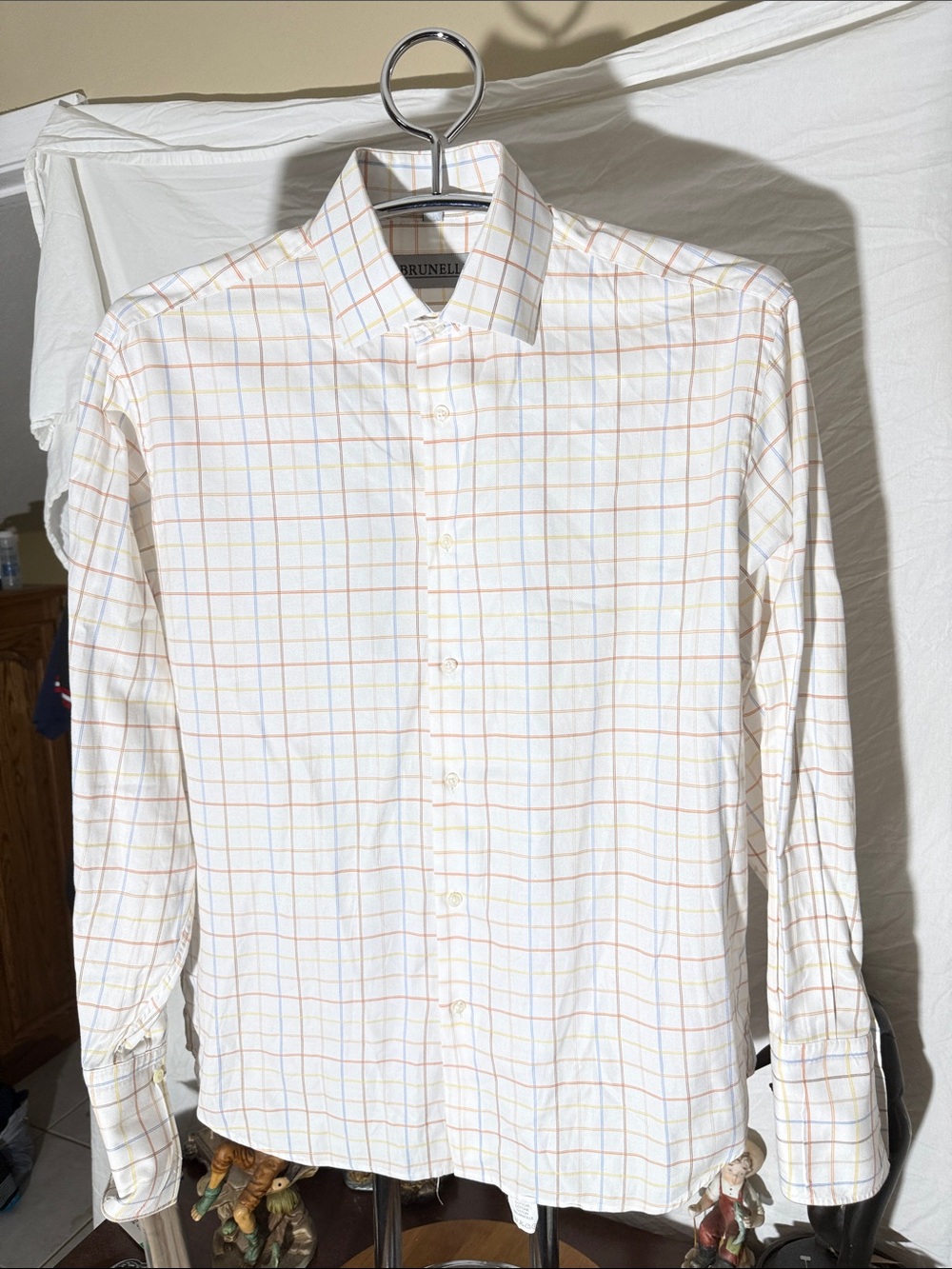 Brunello Cucinelli White Dress Shirt with Light Blue and Light Orange Windowpane